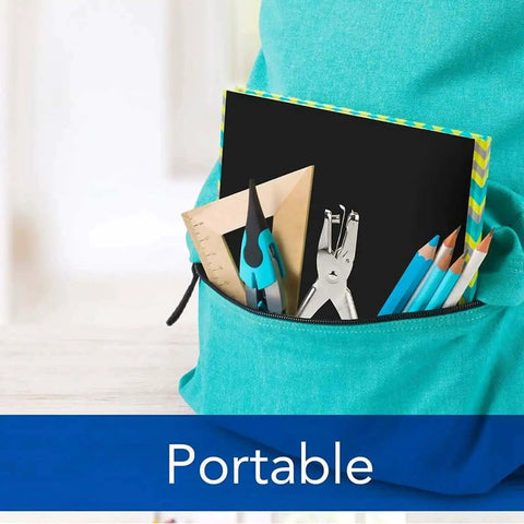 Backpack with tools including Heavy Duty Metal Single Hole Puncher For 8 Sheet Capacity and other office supplies.