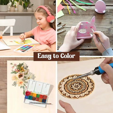Collage of DIY activities using basswood sheets: painting, craft cutting, wood burning with designs; labeled 'Easy to Color'.