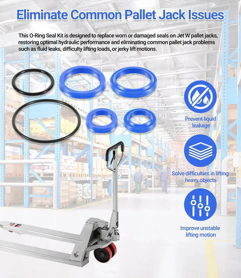 Pallet Jack O Ring Seal Kit For Jet W Pallet Jack PT2748W PT2748LW PT2748L, includes various blue and black seals in warehouse