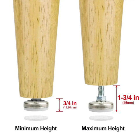 Beefy Heavy Duty Furniture Levelers Adjustable Leveling Feet for tables chairs cabinets and sofas, showing minimum and maximum height adjustments