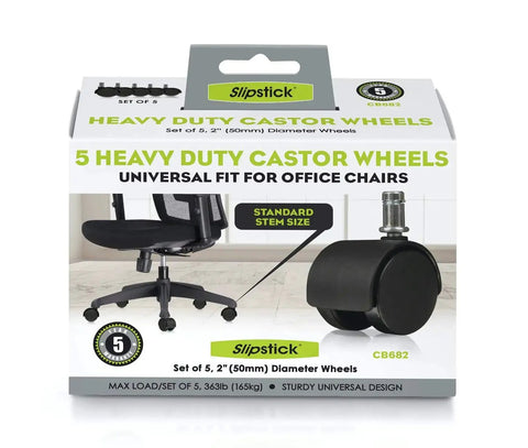 Package of 5 heavy duty 2-inch chair caster wheels with universal fit, featuring a black plastic design and easy installation.