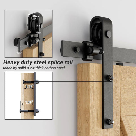Close-up of Beefy 20 Foot Sliding Barn Door Hardware Kit For Double 60 Inch Wide Doors With 330 Pound Weight Capacity Aeronautical Grade Aluminum Track Black Anti Corrosion Finish Adjustable Rollers Fit 1 3 8 Inch To 1 15 16 Inch Thick Doors showing steel splice rail and roller details.