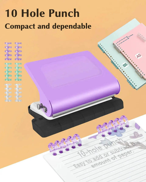 10 Hole Binding Punch For Planners, Metal Manual Puncher For Home Office in purple, punches up to 10 sheets, works with A4 A5 B5 paper