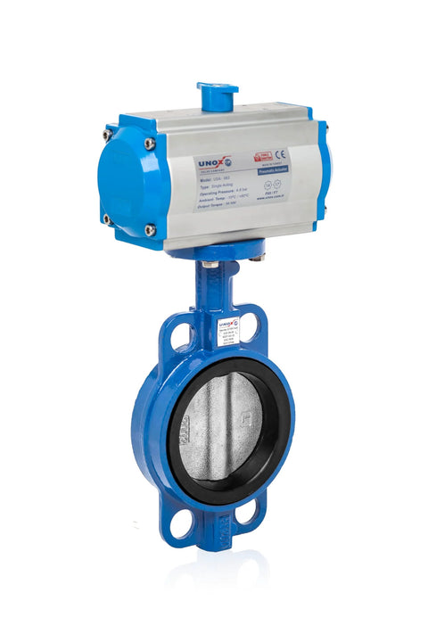 UNOX pneumatic actuated butterfly valve, wafer type DN125, blue body, stainless steel disc, EPDM seat