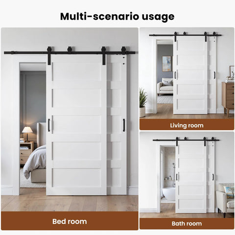 White 48 By 96 Inch Double Barn Door Set With 5 Panel MDF Sliding Doors And Six Foot Bypass Hardware Kit in various rooms
