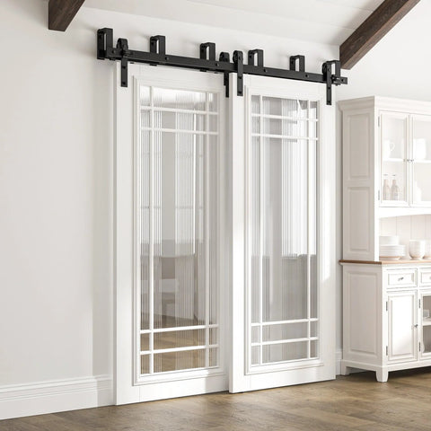 8 Ft Double Track Bypass Sliding Barn Door Hardware Kit For Two Doors, installed with black powder coat finish, doors not included