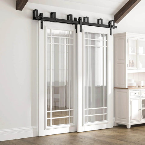 Installed 6Ft Double Track Bypass Sliding Barn Door Hardware Kit For Two Doors, ultra smooth rail, heavy duty steel, black powder coat