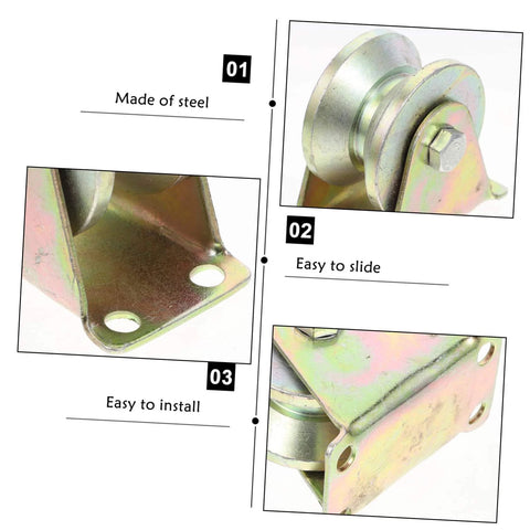 Beefed-Up Heavy Duty V Groove Sliding Gate Wheel Set 4 Pack Steel Track Casters, rigid, easy install, close-up view of wheel.