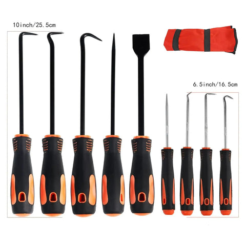 9 Piece Precision Hook And Pick Set With Scraper For Car And Home DIY Repairs, showcasing 4 small hooks, 5 large picks, and storage bag