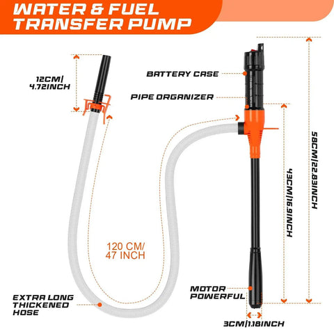 Battery Powered Siphon Pump For Gas And Diesel Transfer 2.4 GPM 47 Inch Hose displayed with dimensions