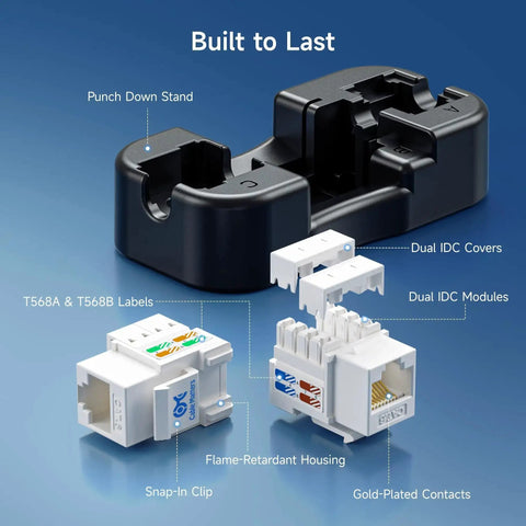 UL Listed 10 Pack Cat6 Keystone Jacks RJ45 Ethernet Modular Jacks white for patch panels showcasing internal components.