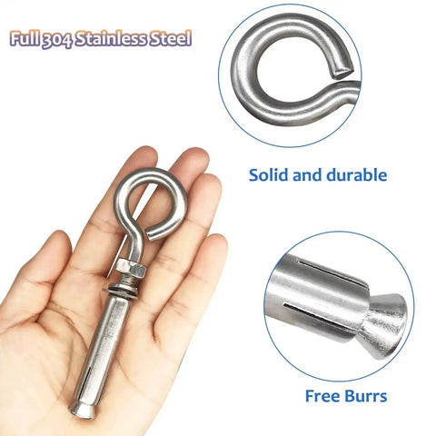 Beefy Heavy Duty 304 Stainless Steel Expansion Eyebolt shown resting on a hand, highlighting solid build with close-ups of design features.