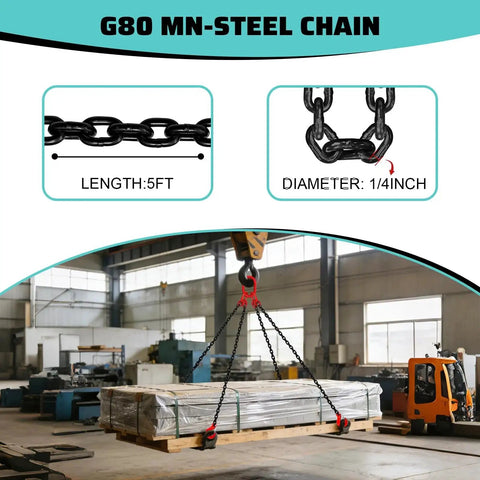 SENKEYFE 3-Ton chain sling, four-leg 1/4 in alloy steel chains, 5 ft length with red hooks lifting pallet in warehouse.