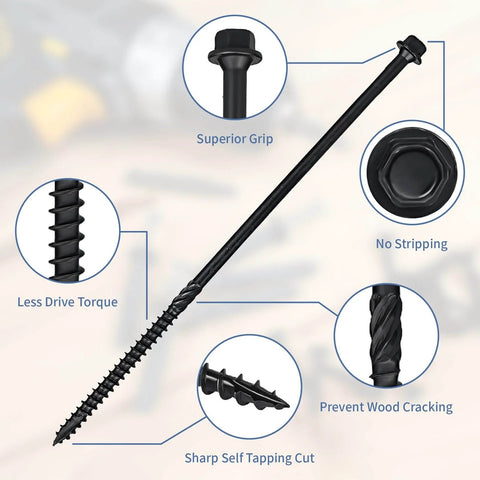 10 Inch Structural Wood Screws Size 14 Lag Screws, 50 Pack with hex washer head, black rust resistant coating features