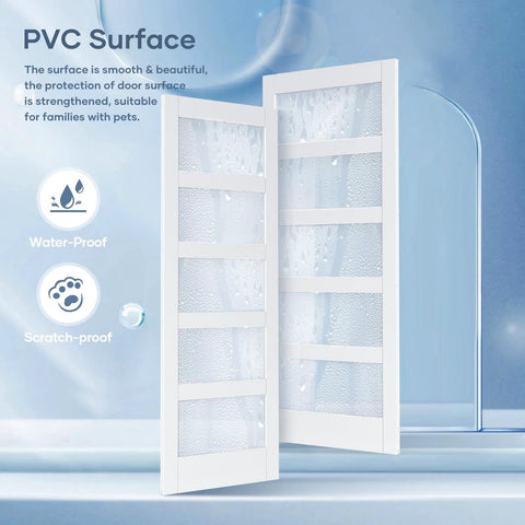 36x84 Inch Glass Sliding Barn Door Slab With 6.6 Ft Hardware Kit Included Five Frosted Glass Panes LVL Wood Core Covered In White Waterproof Scratch Proof PVC Surface Built To Last And A Snap To Install For A Clean Modern Look