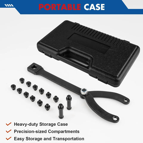 Jiimee 15pc pulley holder tool kit in black case with universal adjustable spanner and 1/2-in drive ratchet