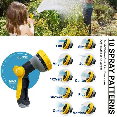Garden hose nozzle, yellow and black, adjustable with 10 spray patterns for home use