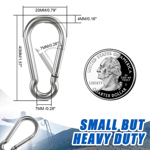 Diagram of Durable 1.57 Inch Galvanized Iron Carabiner Clips 32 Pack For Camping And Keys with measurements and a US quarter for scale.