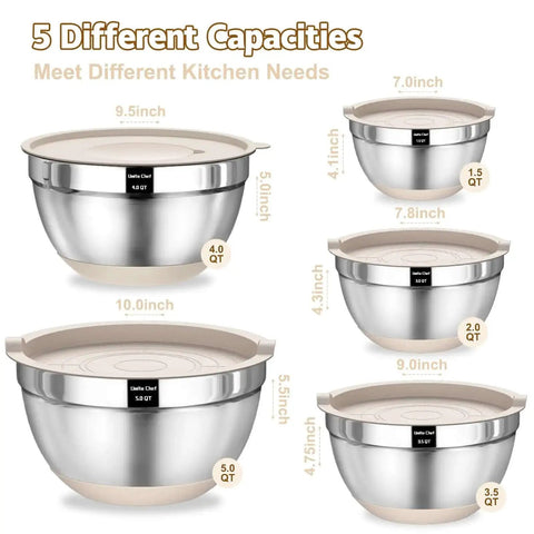 Five different sized bowls from the Eight Piece Khaki Stainless Steel Nesting Mixing Bowls With Airtight Lids And Three Grater Attachments