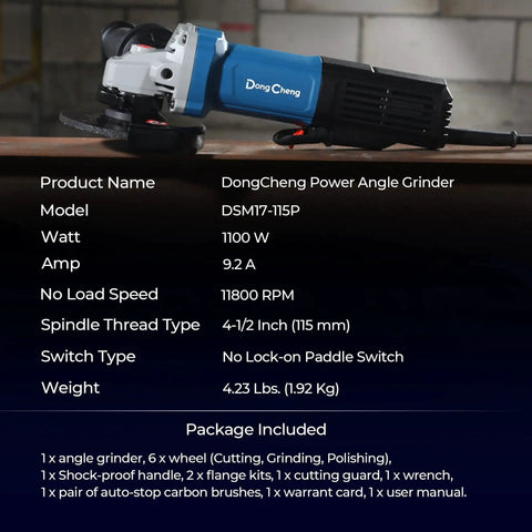 Side view of Beast Power 9.2 Amp Corded Angle Grinder 4 and a Half Inch 11800 RPM with tool-free guard paddle switch for cutting.