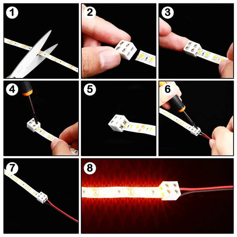 Step-by-step use of 25 Pack 2 Pin 8mm LED Tape Light Connectors With Screwdriver No Solder Needed Wire To Strip Quick Tighten Terminal Blocks.