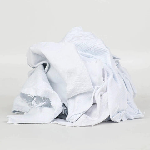 Bulk Cotton T Shirt Rags 5 Lb Box For Auto Shop Cleaning Low Lint Wiping Cloths piled up, white cotton material