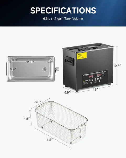 Specifications showing 6L Ultrasonic Cleaner With Degas, Heater And Digital Control, 180W Power, illustrating tank and basket size.