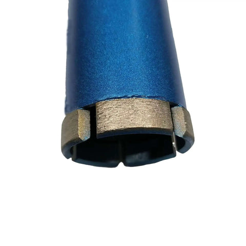 Close-up view of a blue 2 Inch Diamond Core Drill Bit For Wet Drilling, Pro Grade Laser Welded Core Bit For Hard Concrete Masonry Brick And Block