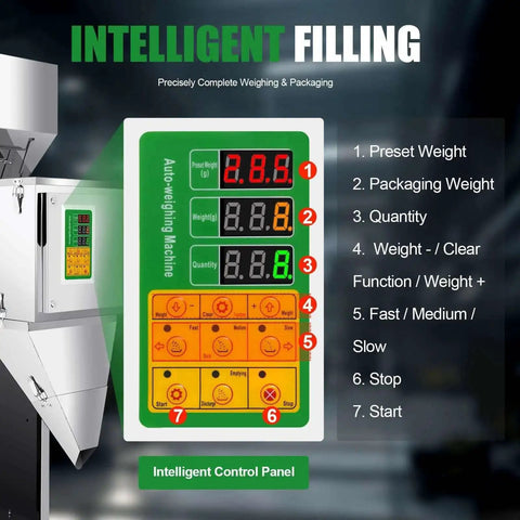 Intelligent control panel of Heavy Duty Stainless Steel Automatic Filling Machine For Tea Seeds Coffee Beans Grains And More Dual Vibration Particle Weighing Filler Adjustable 10 To 999 Gram Range Bag And Bottle Filler 110V 200W with digital display and functions