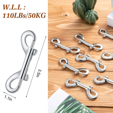 30 Pack 3.5 Inch Double Ended Bolt Snaps Zinc Alloy Key Chain Clips With Trigger displayed on a wooden surface.