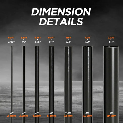 7 Size Heat Shrink Tubing Kit 4 To 1 Shrink Ratio Marine Grade Waterproof 54 Ft showing tubing dimensions and lengths