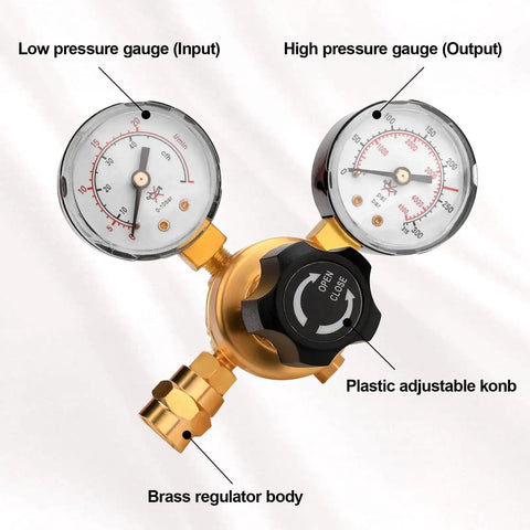 Argon CO2 Welding Gas Regulator With CGA580 Inlet Brass Body 0 To 4500 PSI Gauge showing input and output pressure dials