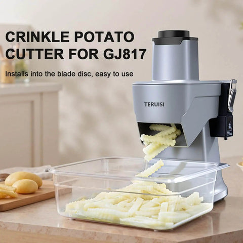 Wavy Crinkle Blade Replacement For TERUISI GJ817 Electric Vegetable Chopper slicing ridged potato chips into clear tray.