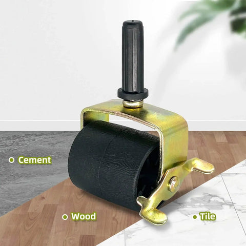Single heavy-duty locking metal caster for bed frame showing socket stem and wheel on various floor types with secure lock