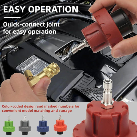 Hands demonstrating usage of Coolant Vacuum Refill Kit With 23 Radiator Adapters And 31 Piece Tool Set Pressure Tester For Radiator Cooling System Vacuum Purge Tool And Diagnostic Kit For DIY Auto Maintenance By HZAUTOS.