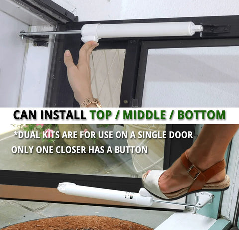 White dual door closer kit on a black-framed storm door; top and bottom mounting arms; hand pressing the top unit.