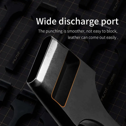 Close-up of Boss Grade Oblong Leather Belt Hole Puncher showing wide discharge port for smooth leather punching, 5x20mm, stainless steel.