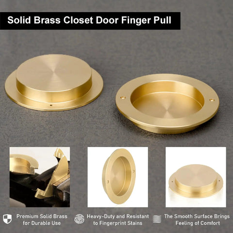 4 Pack Solid Brass Finger Pulls For Sliding Doors And Cabinets, 2 1/8 Inch Flush Recessed Round Cup Pulls In Brushed Gold