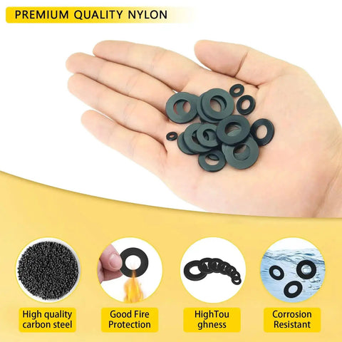 Flat Washer Kit 1100 Pcs Black Zinc Plated Assorted Washers In 9 Sizes M2.5 By 0.2mm to M12 By 24mm shown in hand