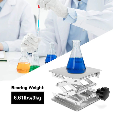 Stainless Steel Lab Jack Scissor Stand 4x4 Platform With Adjustable Height shown with beakers and lab technicians.