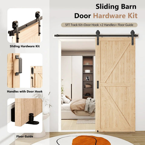 Workhorse Heavy Duty Barn Door Hardware Kit 5 Ft Sliding Door Track Set with Floor Guide, handles, J shape hangers shown installed in home