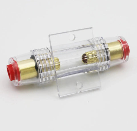 Inline AGU Fuse Holder Kit For 4 To 10 Gauge Wire With Six 100A AGU Fuses, Great For Car Audio, clear plastic with brass fittings