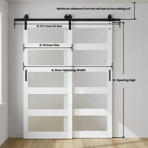 Double Glass Sliding Barn Door Kit With 6 Ft Bypass Hardware, 5 Panel Frosted Glass, 34 Inch By 84 Inch, installed in white room.