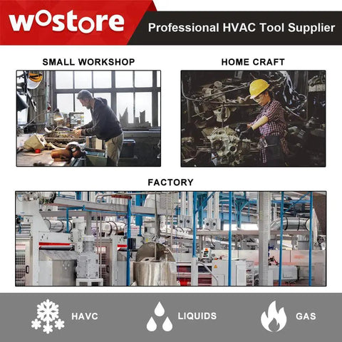 Professional HVAC tool supplier banner showing small workshop, home craft, and factory scenes with tools and equipment.