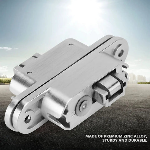 Two Pack 180 Degree Concealed Cross Door Hinges for Gates Doors Cupboards and Furniture Alloy Hidden Hinge Set with Slick Smooth Quiet Operation for Folding Doors Built Tough with Durable Alloy Construction QQAMOGNNK, close-up view showing hinge mechanism and zinc alloy material