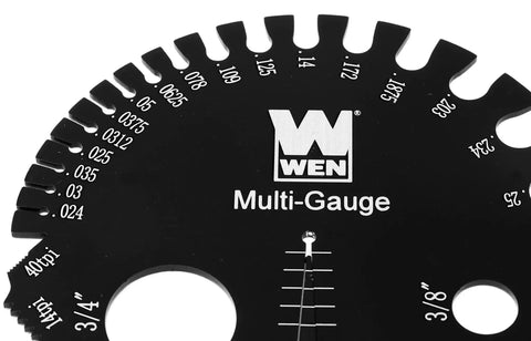 Close-up of Dual Metric And Imperial Thread Pitch Gauge Set With Carrying Case Two Pack, Metal Construction With Laser Etched Scales For Maximum Accuracy And Durability The Handy Tool For Nuts Bolts PVC Copper And More Wen ME210G, showing detailed thread measurement scales on metal surface