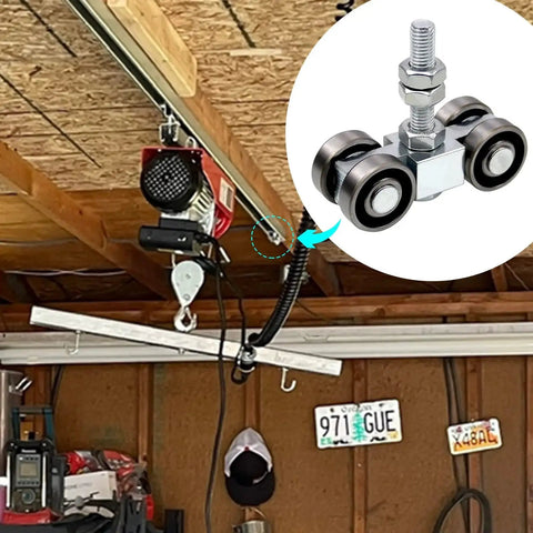 4 Wheel Trolley Assembly With Silent M10 Bolts And Nuts for 1-5/8 Inch wide channels in a garage setup, load capacity up to 770 lbs