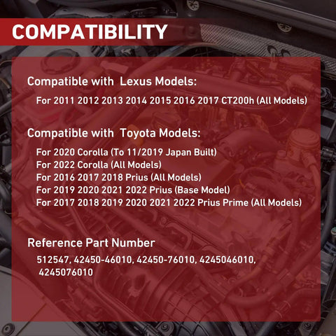 Compatibility chart for Rear Wheel Bearing And Hub Assembly For Prius, Corolla And Lexus CT200h - 5 Lug With ABS, Direct Fit Upgrade.