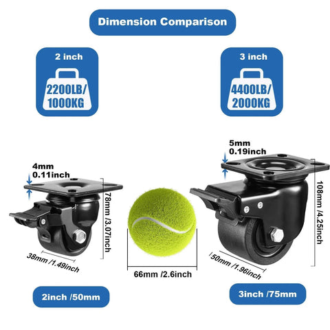 Dimension comparison for 2-Inch Plate Swivel Caster Wheels Set Of 4 Heavy Duty Load Capacity 2200 Lbs with tennis ball scale