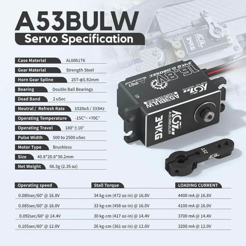 Beefy 34Kgcm High Torque RC Steering Servo Waterproof Low Profile For 1 To 10 Scale RC Cars with specifications listed
